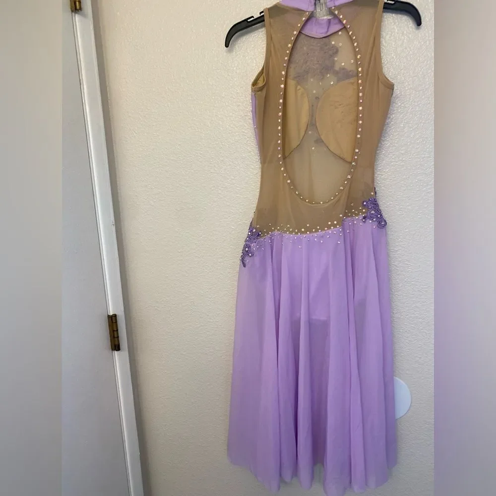 Custom solo dance costume lavender purple illusion leotard maxi dress stoned MA